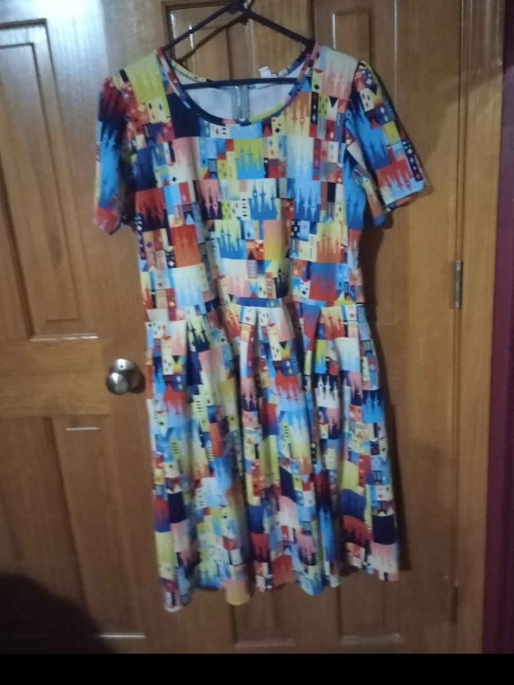 LuLaRoe Multicolor Geometric Scoop Neck Dress - Blue, Yellow, Red